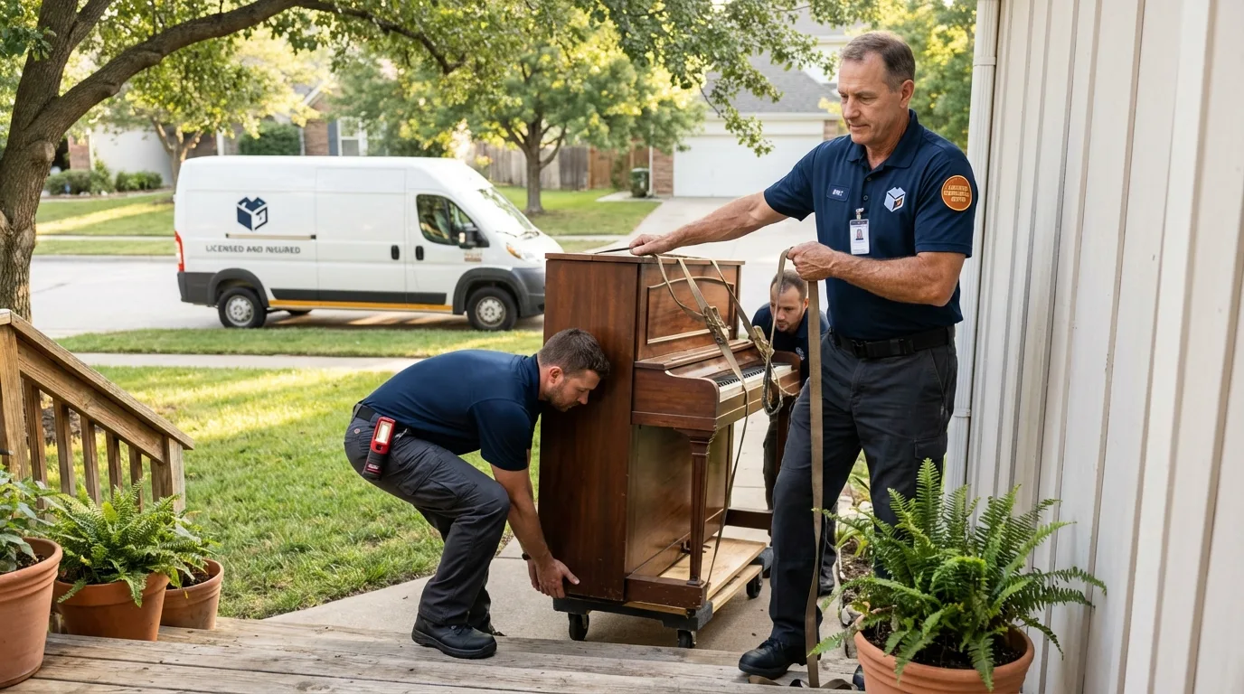 Licensed piano movers securing grand piano in New Berlin, WI