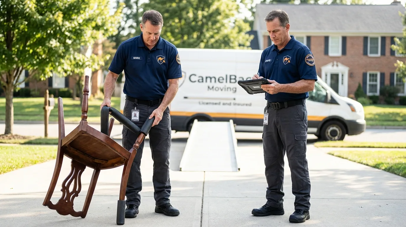 Movers inspecting furniture for damage prevention before loading in New Berlin, WI